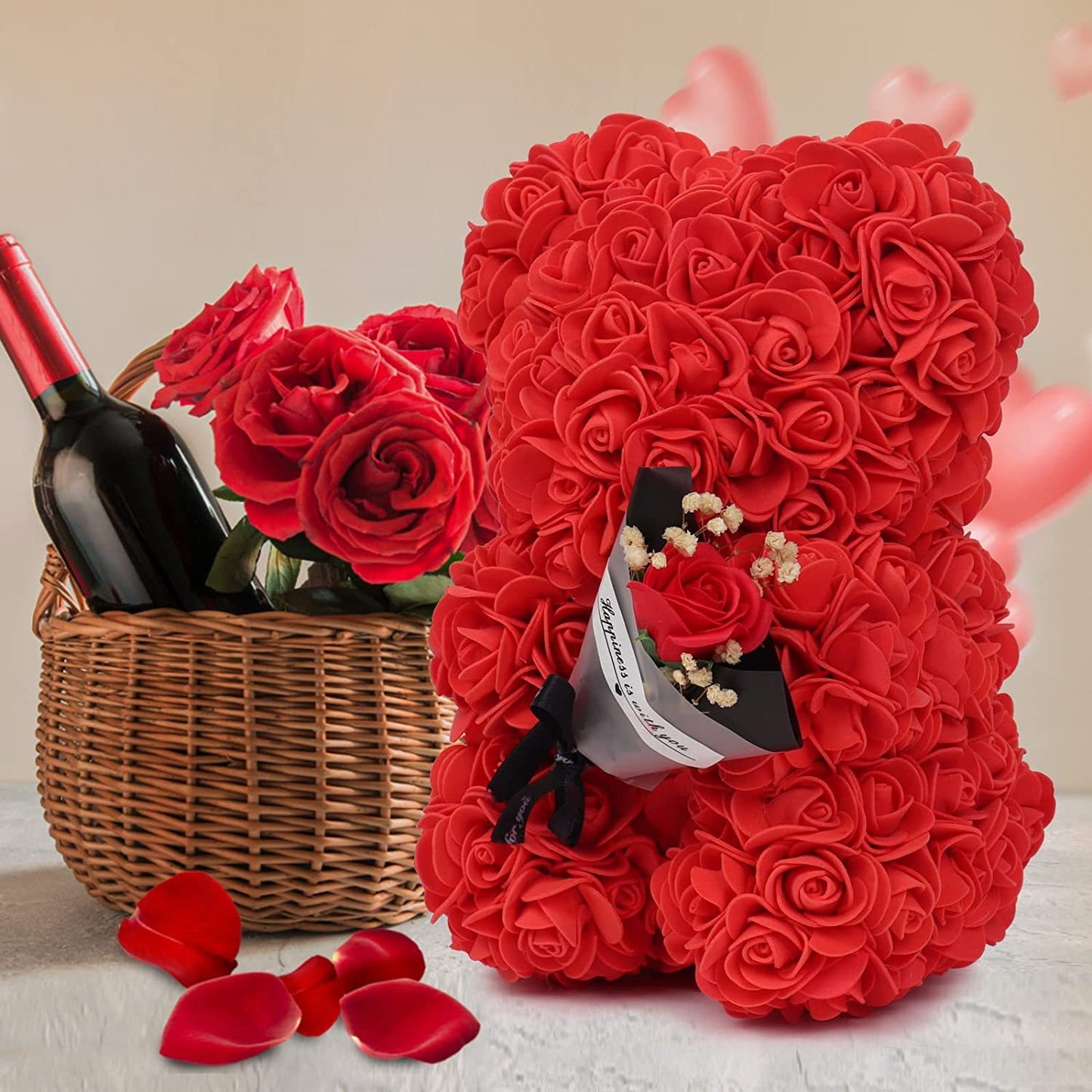 rose bear with bouquet of flowers