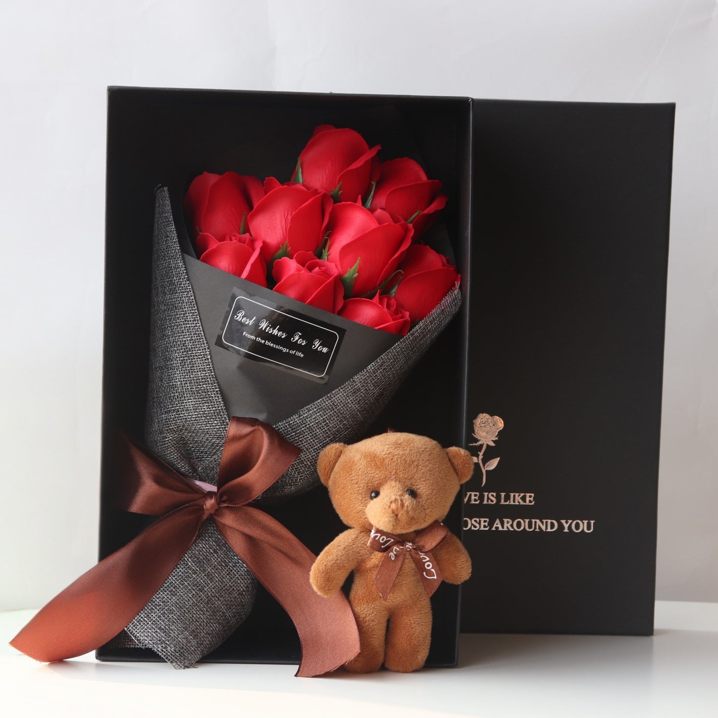 bouquet of roses with teddy bear